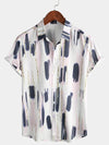 Men's Casual Geometric Art Short Sleeve Holiday Button Up White Shirt