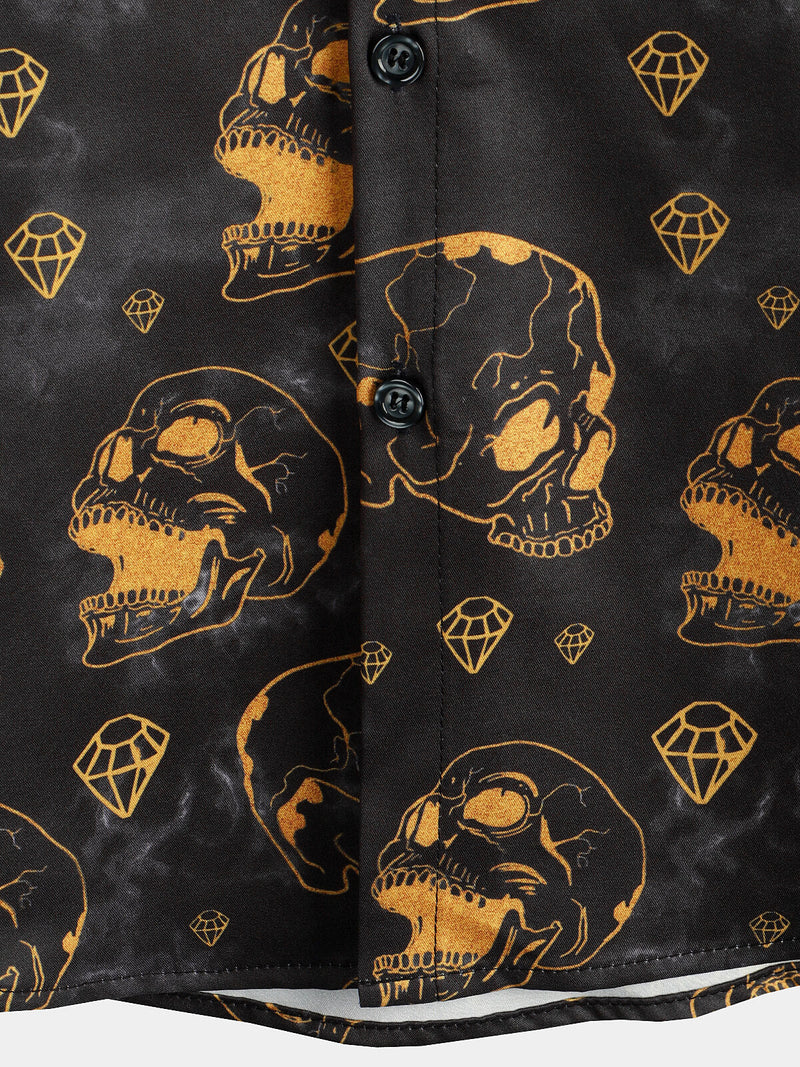 Men's Cool Orange Skull Diamond Print Rock and Roll Button Up Short Sleeve Shirt