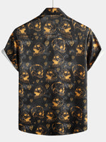 Men's Cool Orange Skull Diamond Print Rock and Roll Button Up Short Sleeve Shirt