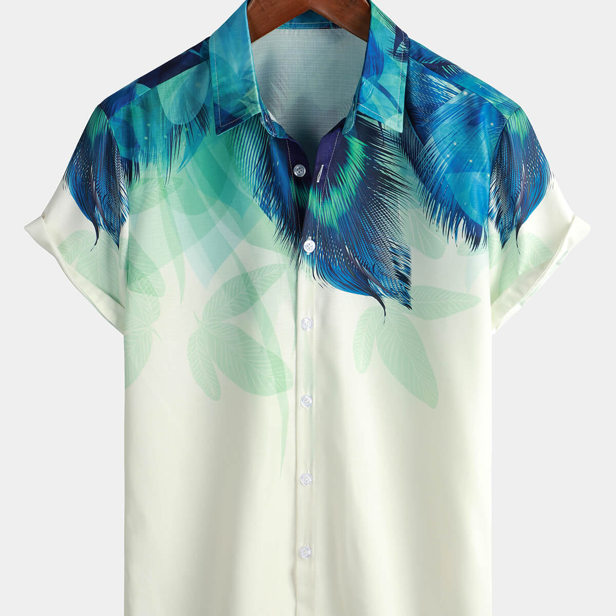 Camisa con botones y manga con textura gradual con estampado de plumas de pavo real para hombre