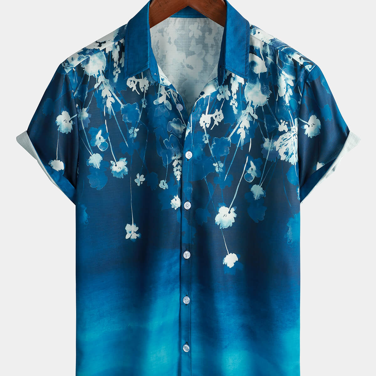 Camisa con botones de manga corta con textura gradual azul floral para hombre