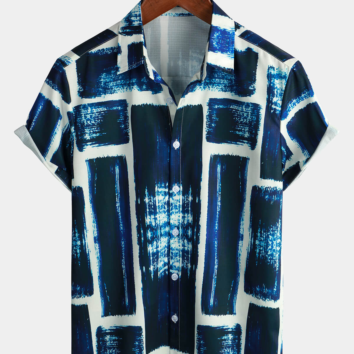 Men's Summer Casual Vintage Geometric Art Short Sleeve Holiday Button Up Shirt