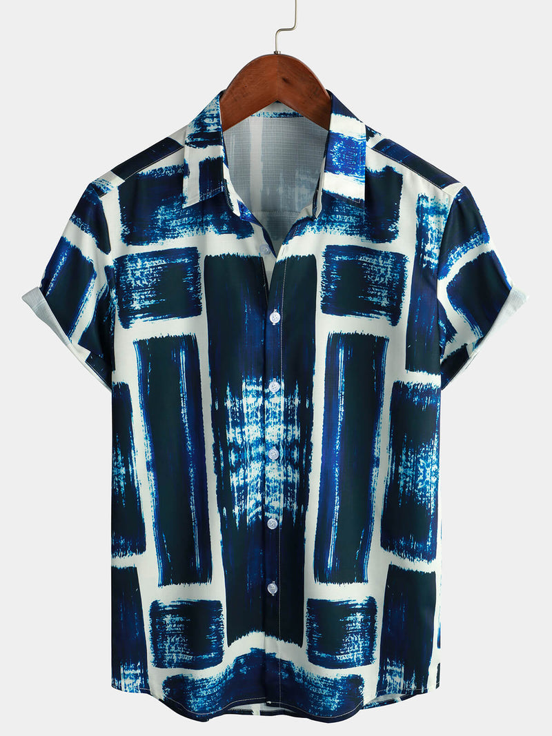 Men's Summer Casual Vintage Geometric Art Short Sleeve Holiday Button Up Shirt