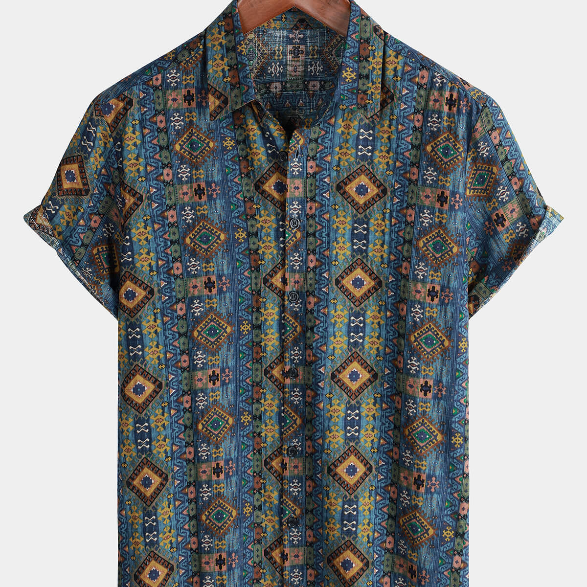 Men's Cotton Short Sleeve 70s Retro Aztec Print Button Up Shirt