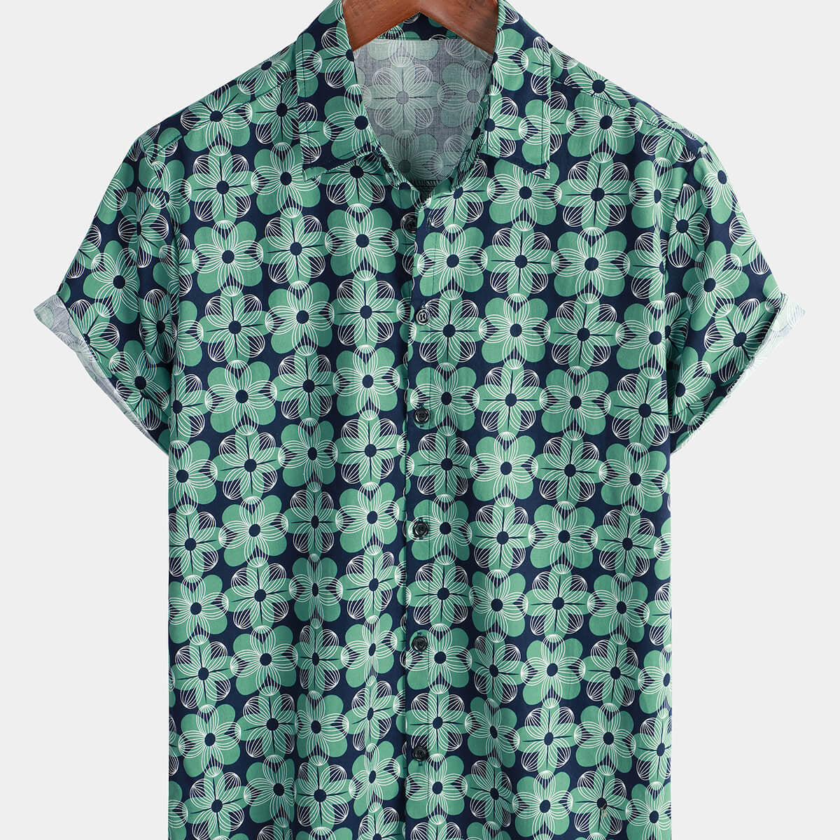 Men's Green Floral Cotton Summer Button Up Short Sleeve Shirt