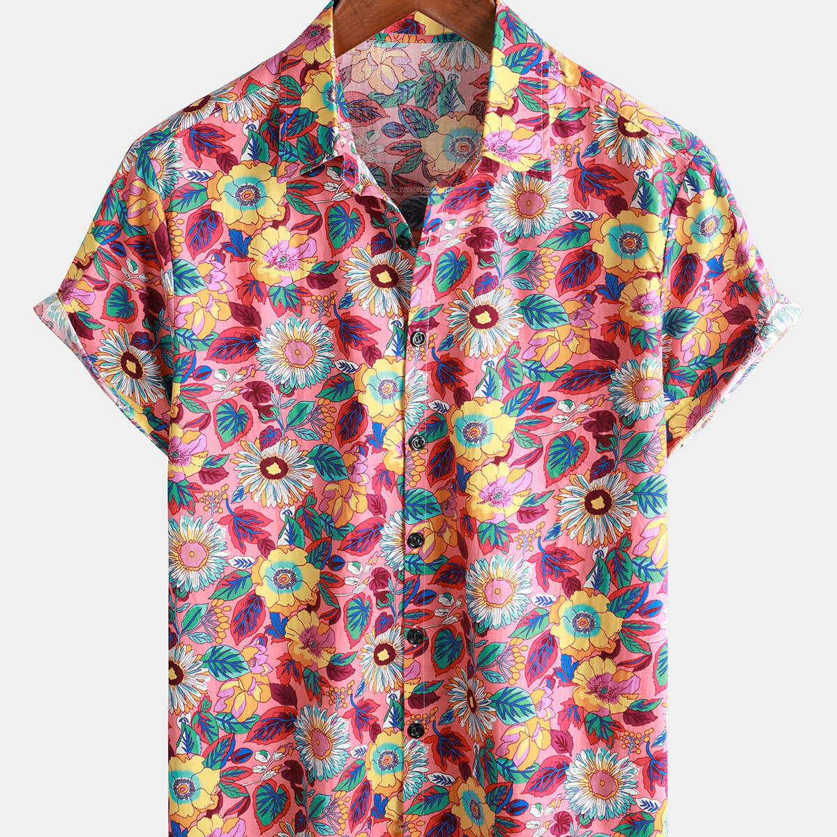 Camisa hawaiana con botones de manga corta de verano transpirable 100% algodón floral rosa para hombre