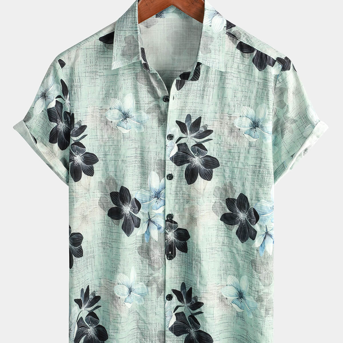 Camisa fresca de playa hawaiana verde claro con botones de manga corta de algodón floral para hombre