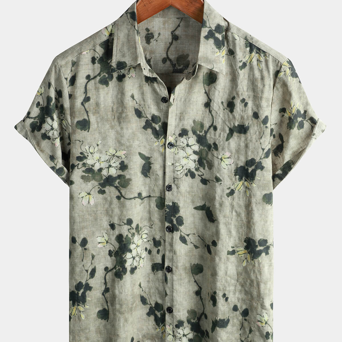 Camisa gris con botones de manga corta transpirable de algodón floral vintage para hombre