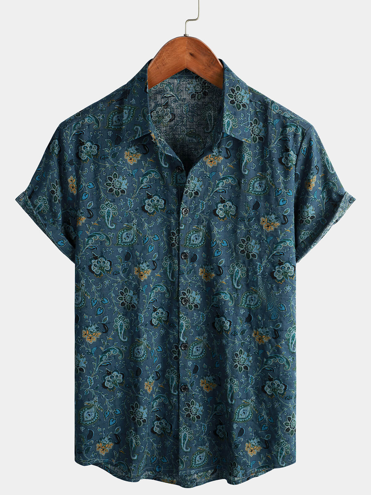 Men's Paisley Vintage Floral Retro Button Up Blue Summer Holiday Short Sleeve Shirt