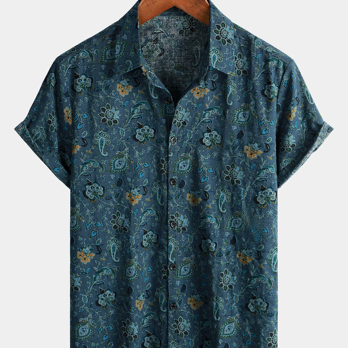 Camisa de manga corta para hombre, estilo paisley, vintage, floral, retro, con botones, azul, para vacaciones de verano