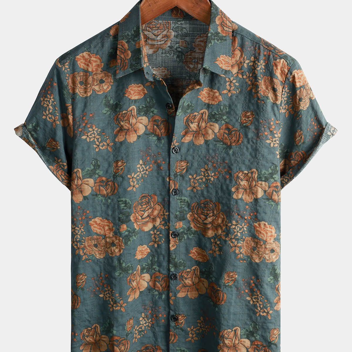 Camisa de manga corta para hombre, estilo vintage, floral, retro, con botones, azul, para vacaciones de verano