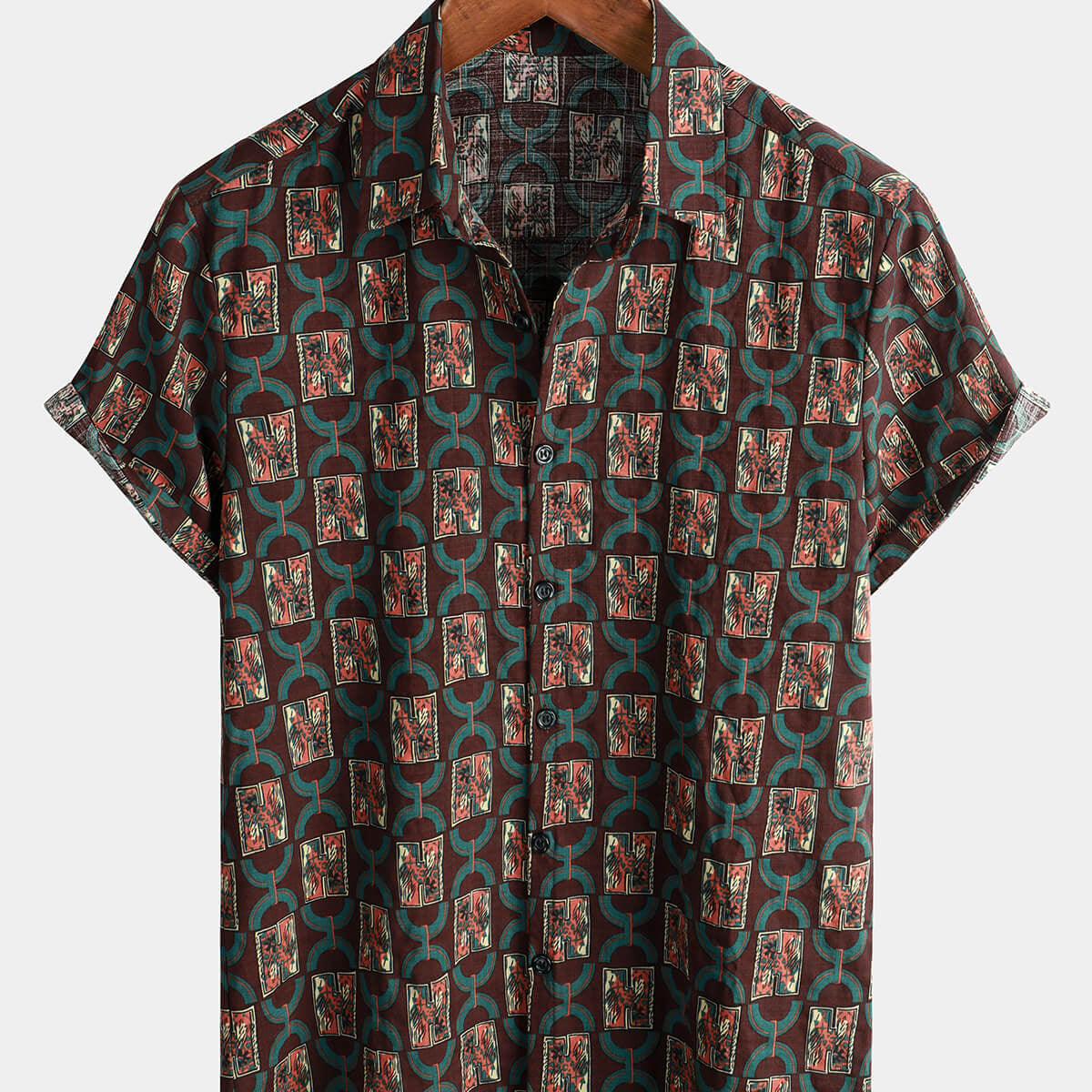 Camisa de manga corta marrón occidental de verano con botones de algodón con estampado artístico geométrico vintage para hombre