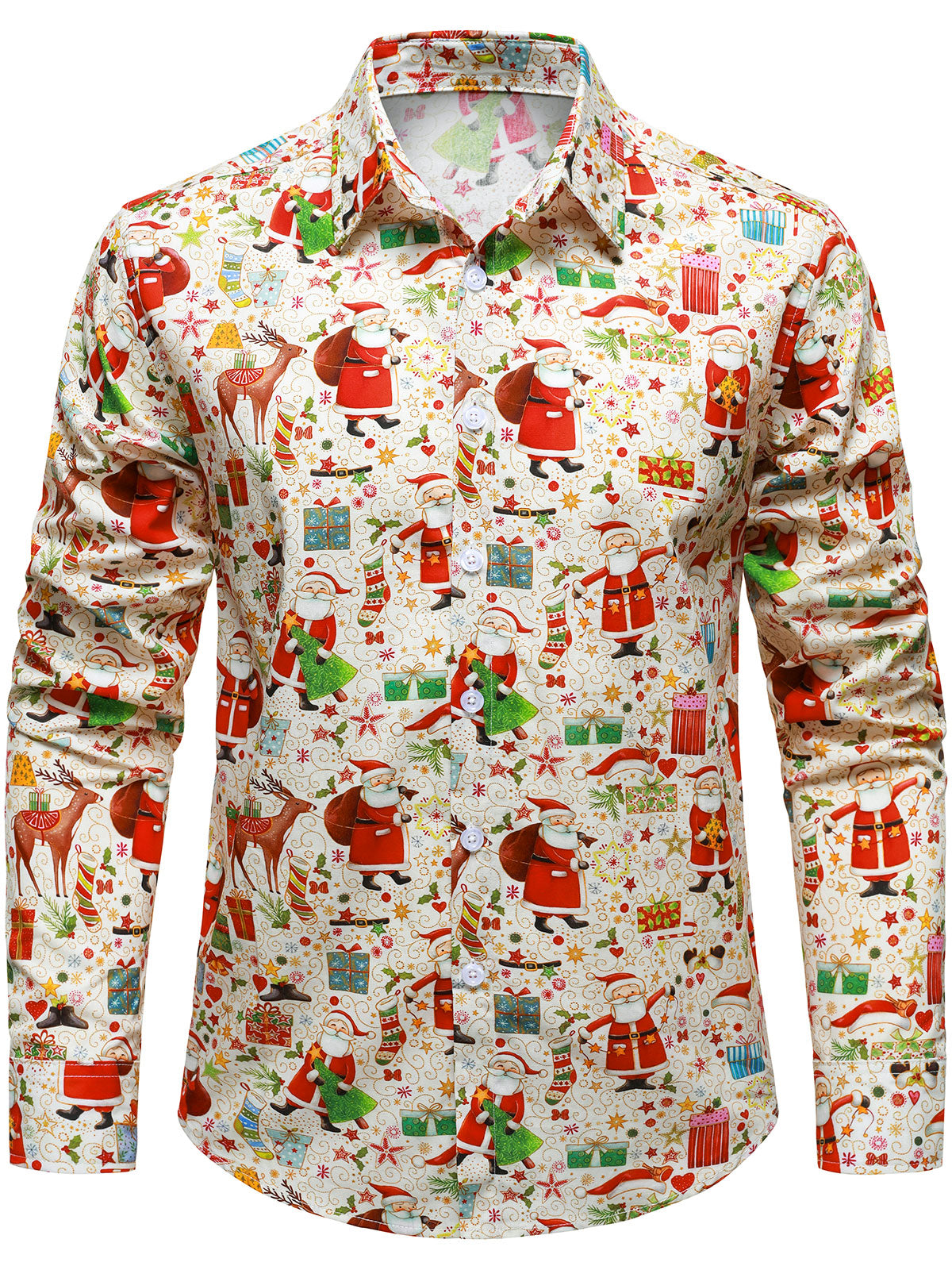 Men's Christmas Themed Funny Holiday Festive Print Beige Long Sleeve Button Down Shirt