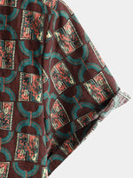 Men's Vintage Geometric Art Print Cotton Button Up Summer Western Brown Short Sleeve Shirt