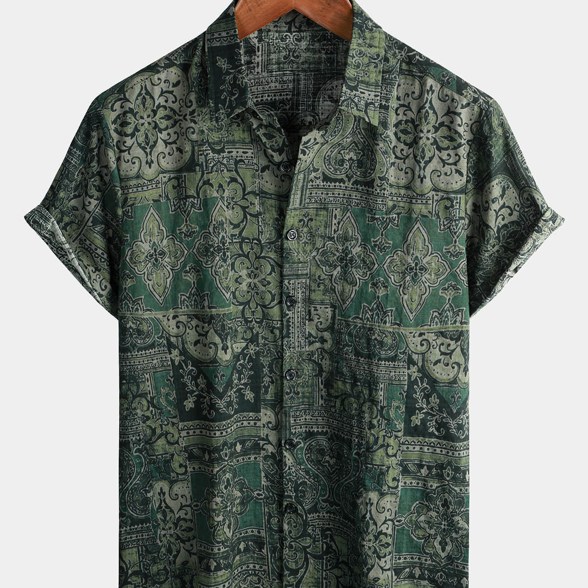 Camisa de manga corta verde occidental de vacaciones vintage de algodón con estampado de cachemira floral retro para hombre