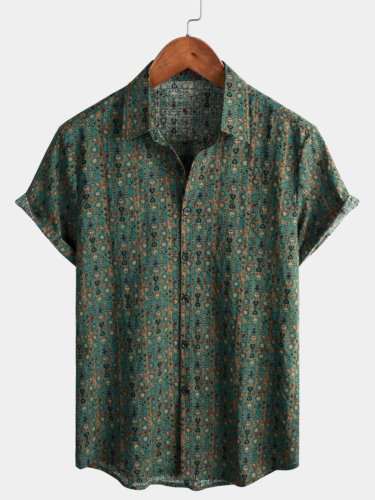 Men&#39;s Vintage Paisley Print 70s Button Up Green Boho Retro Tribal Short Sleeve Shirt