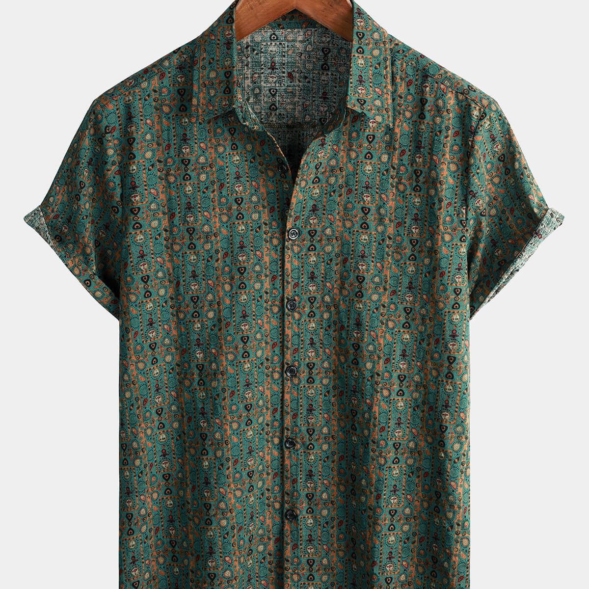 Camisa de manga corta tribal retro boho verde con botones y estampado de cachemira vintage de los años 70 para hombre