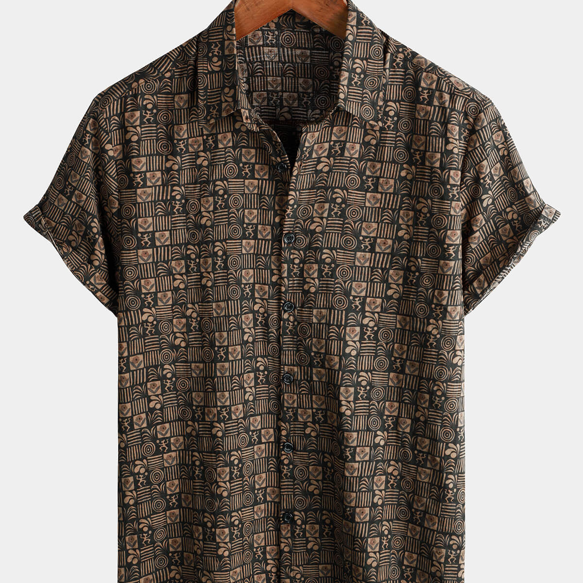 Camisa de manga corta de playa marrón occidental de verano con botones de algodón con estampado vintage para hombre