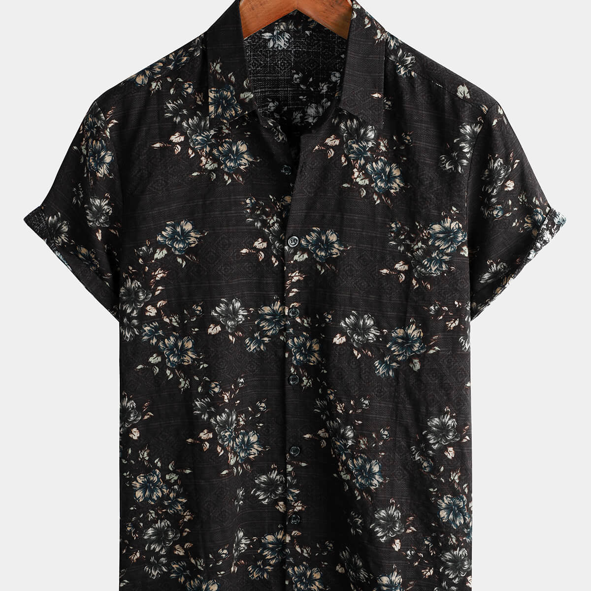 Camisa navideña hawaiana negra con botones y manga corta de algodón floral para hombre