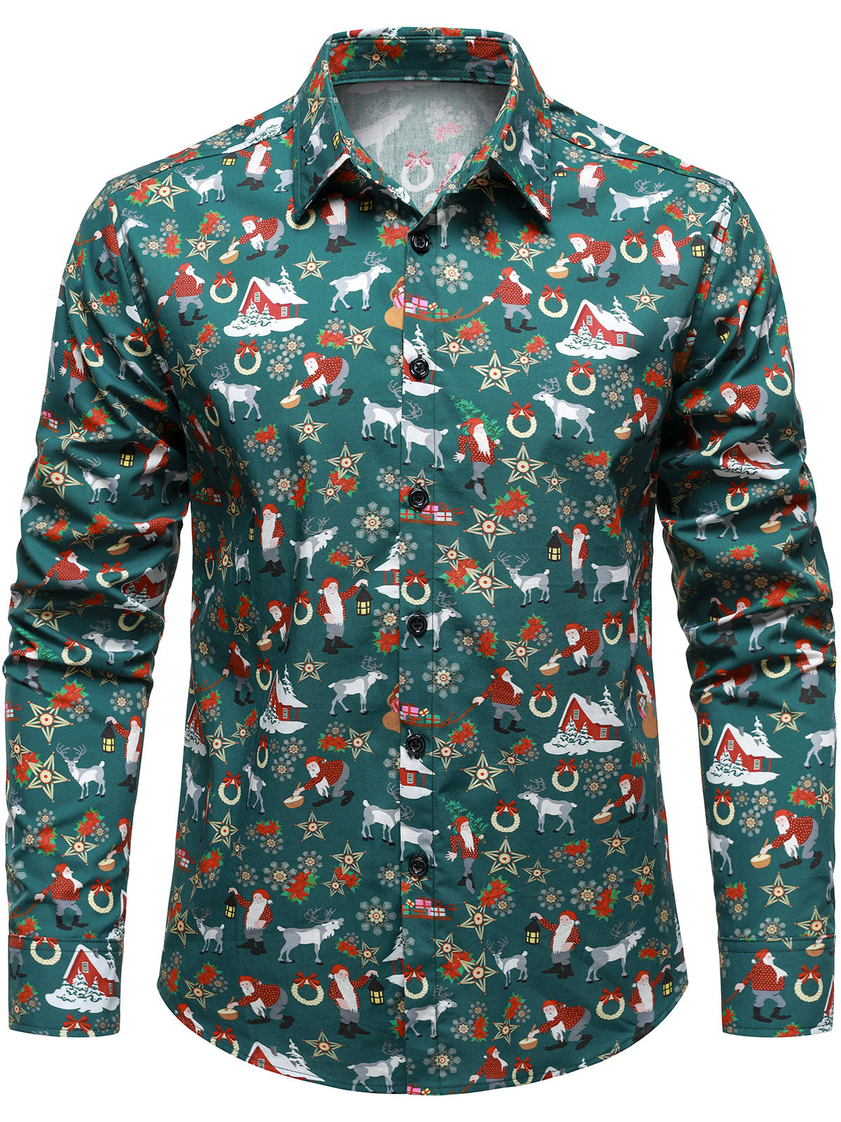 Men's Christmas Festive Santa & Reindeer Holiday Graphic Print Long Sleeve Button Down Shirt