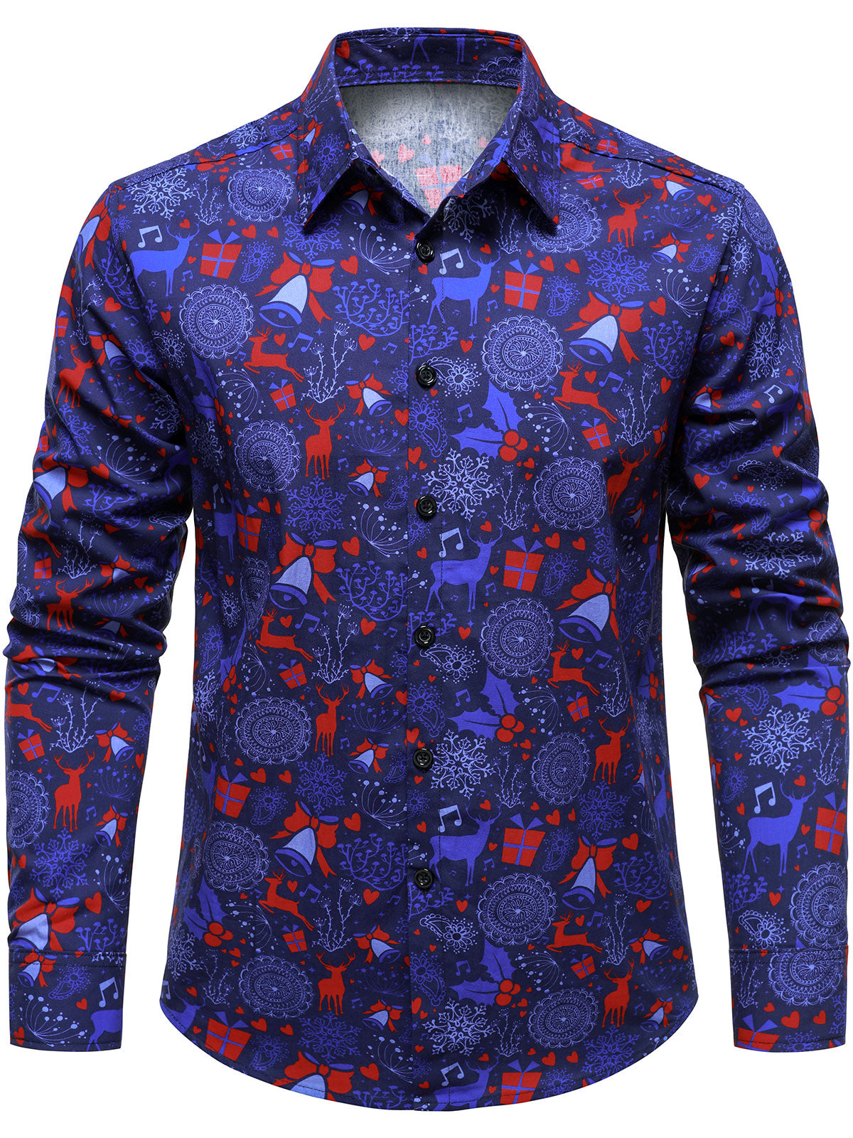 Men's Christmas Reindeer Festive Print Xmas Holiday Purple Long Sleeve Shirt