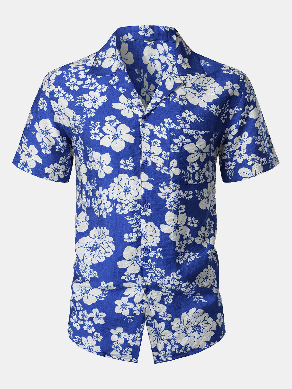 Men's Blue Floral Pocket Hawaiian Cuban Collar Short Sleeve Shirt