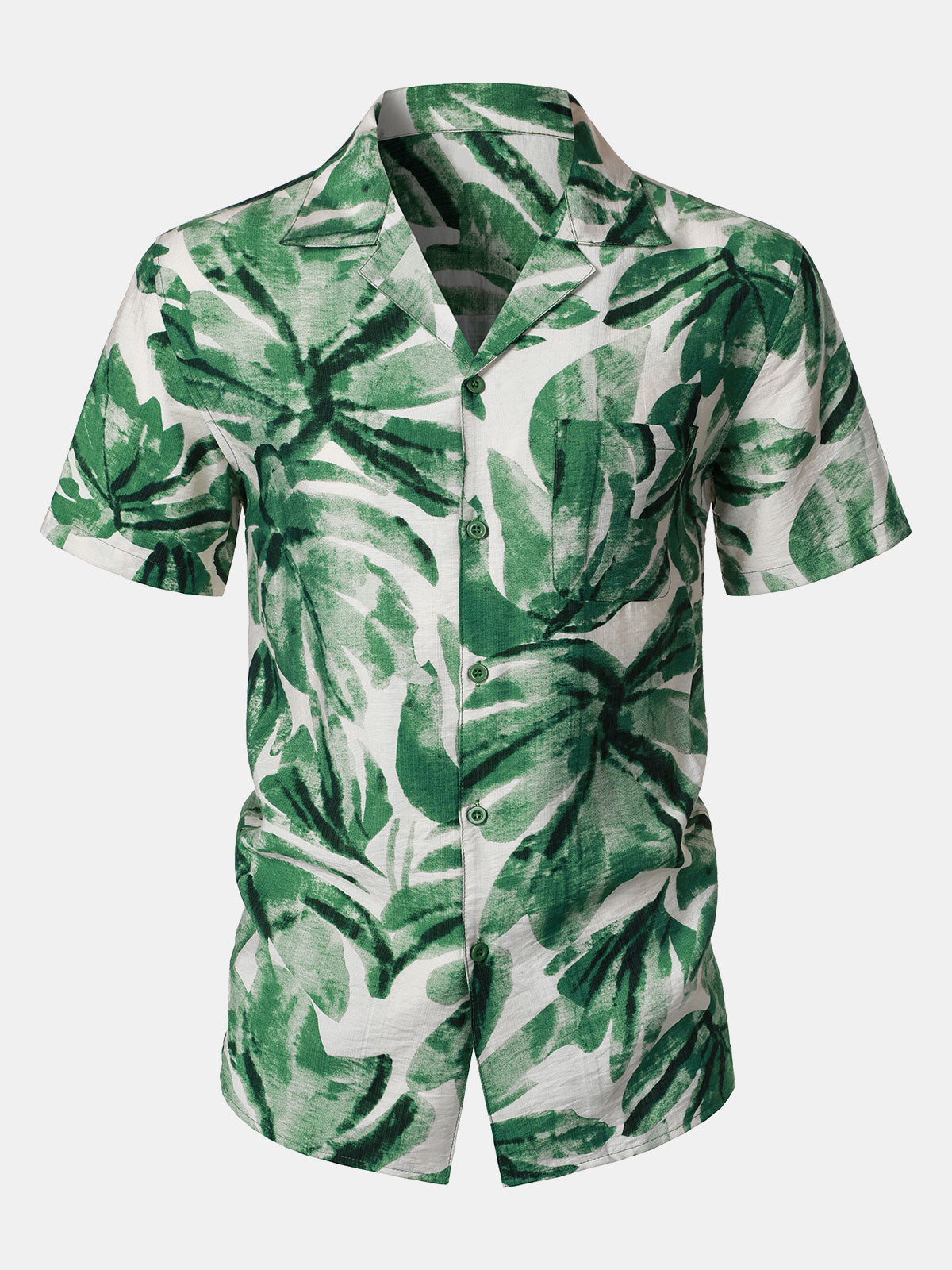 Men's Green Tropical Leaves Print Pocket Hawaiian Short Sleeve Shirt