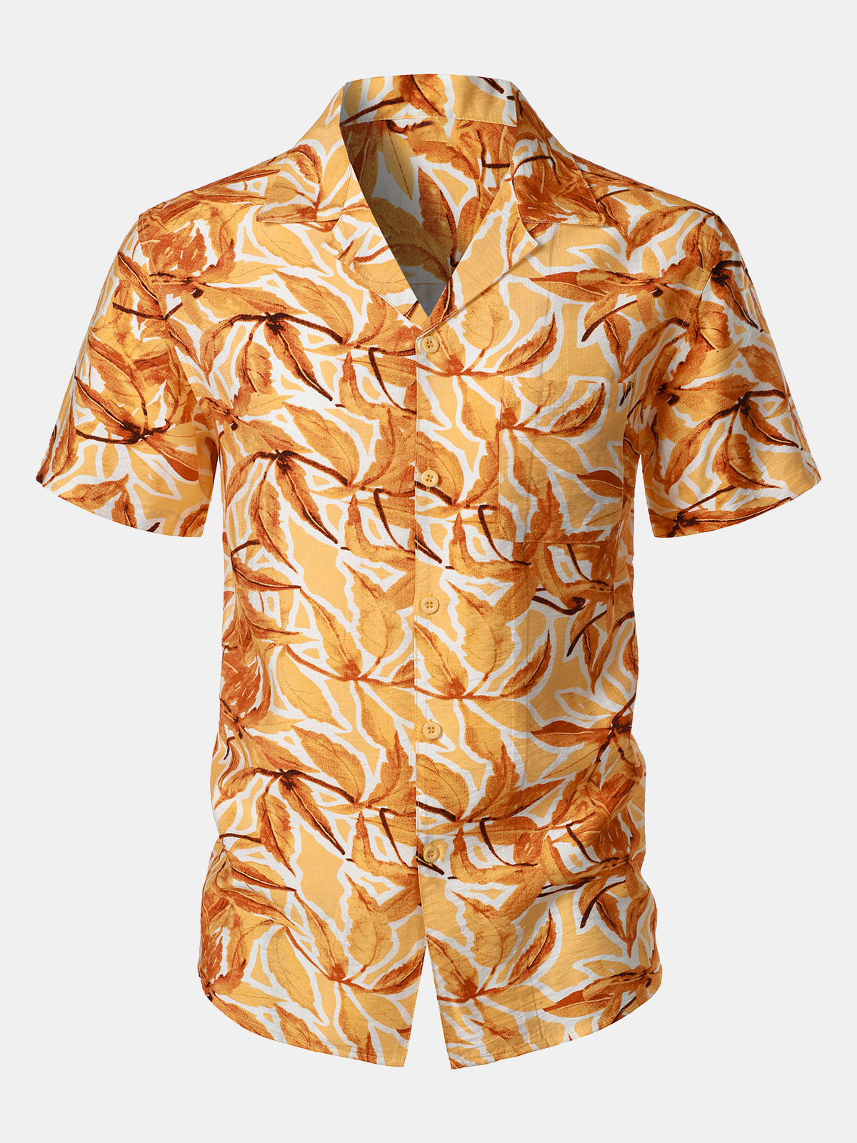 Men's Yellow Tropical Print Pocket Hawaiian Short Sleeve Shirt