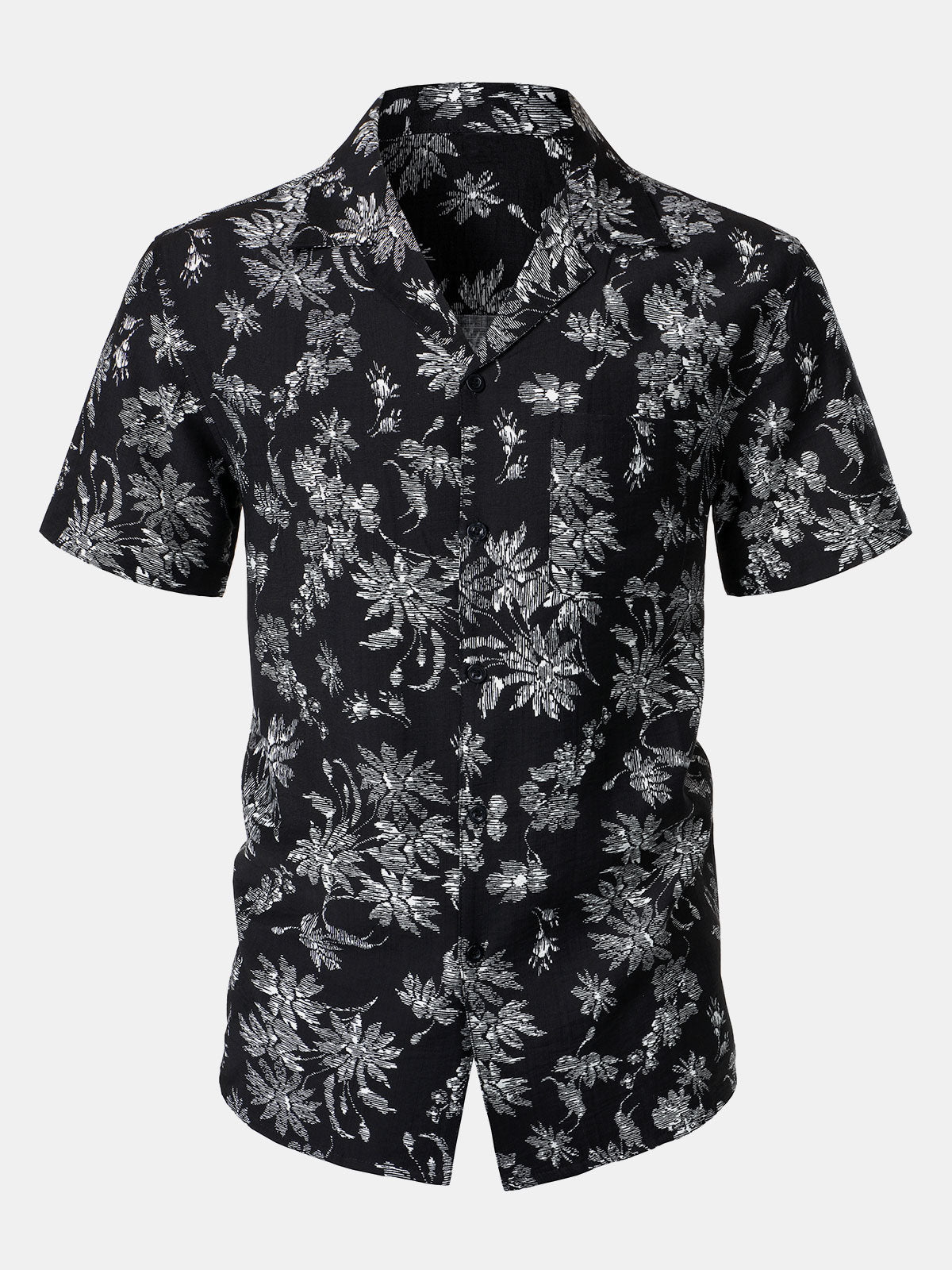 Men's Black Tropical Floral Print Casual Hawaiian Shirt