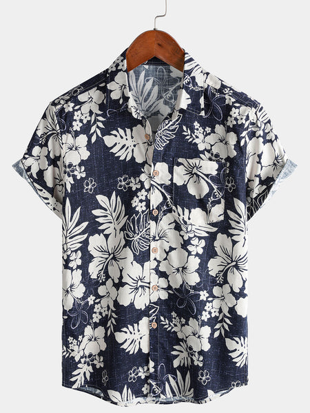 Men's Short Sleeve Cotton Breathable Island Holiday Blossom Pattern Vintage Shirt