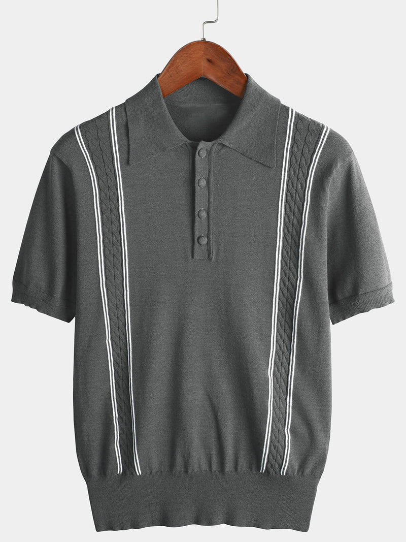 Men's Knit Casual Vintage Short Sleeve Striped Golf Polo Shirt