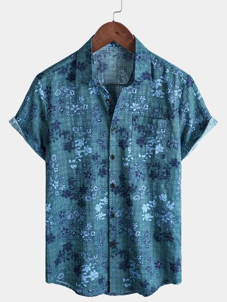 Men's Blue Floral Holiday Casual Pocket Short Sleeve Retro Shirt