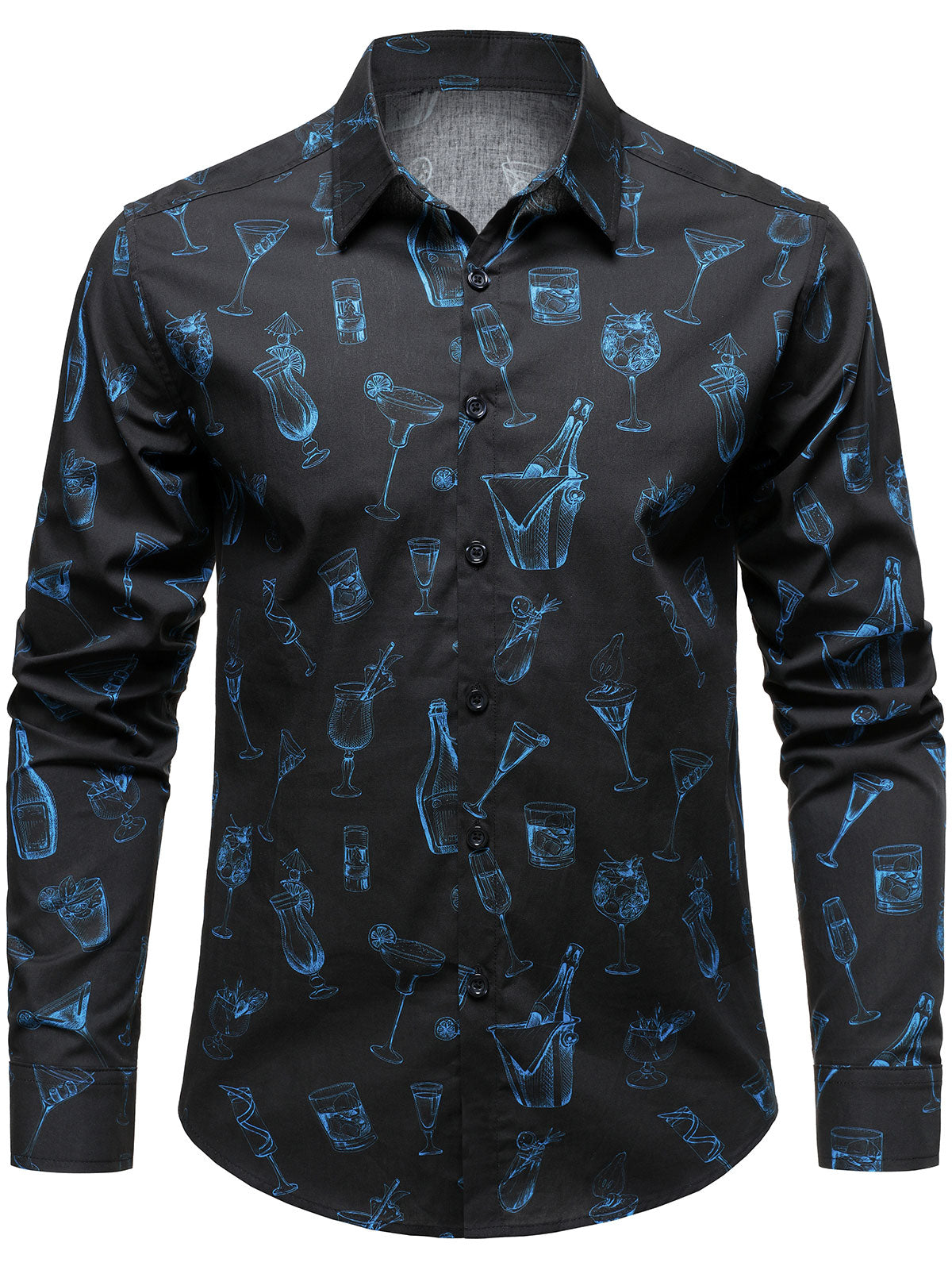 Men's Blue Cocktail Print Casual Long Sleeve Cotton Holiday Parties Shirt