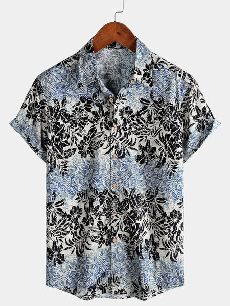 Men's Short Sleeve Cotton Breathable Retro Bohemian Botanical Print Island Holiday Shirt