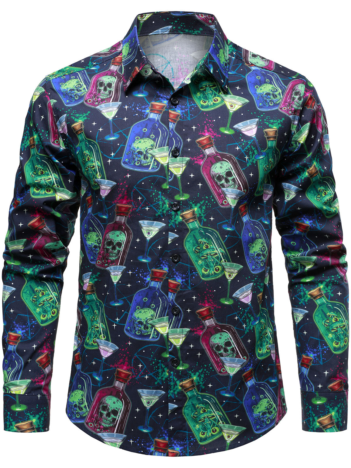 Men's Casual Holiday Wine Glass Skull Print Long Sleeve Cotton Party Shirt