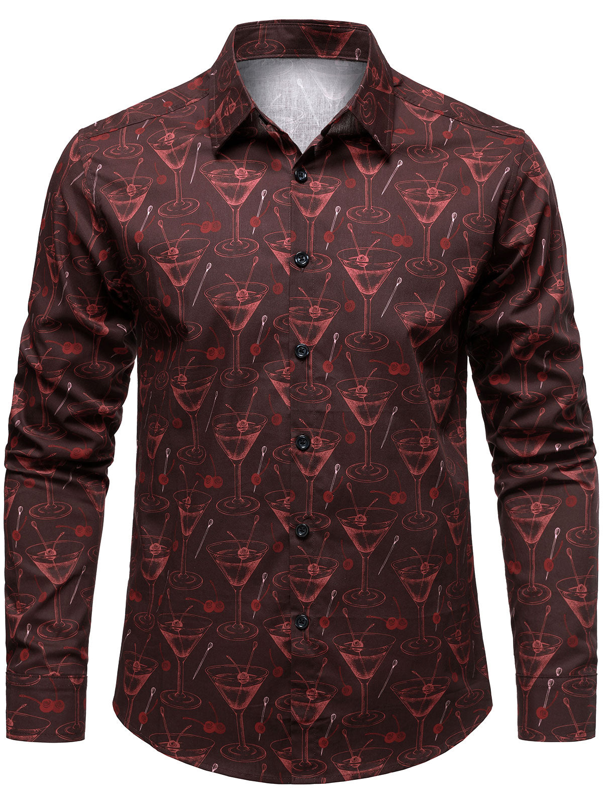 Men's Casual Holiday Wine Glass Print Red Long Sleeve Cotton Party Shirt