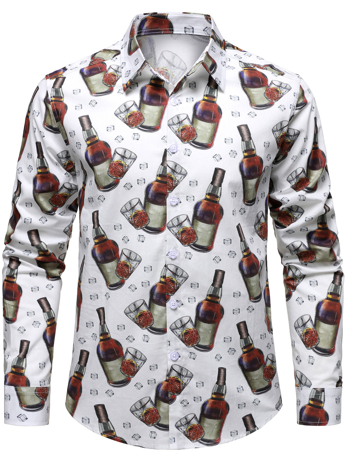 Men's Whiskey & Ice Cube Print Casual Long Sleeve Cotton Holiday Party Shirt