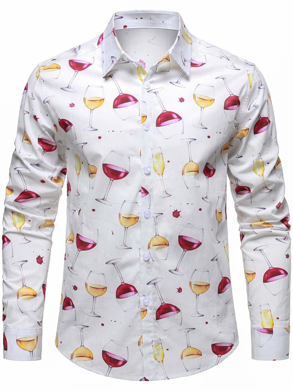 Men's Casual Holiday Wine Glass Print Button Up Long Sleeve Cotton Party Shirt