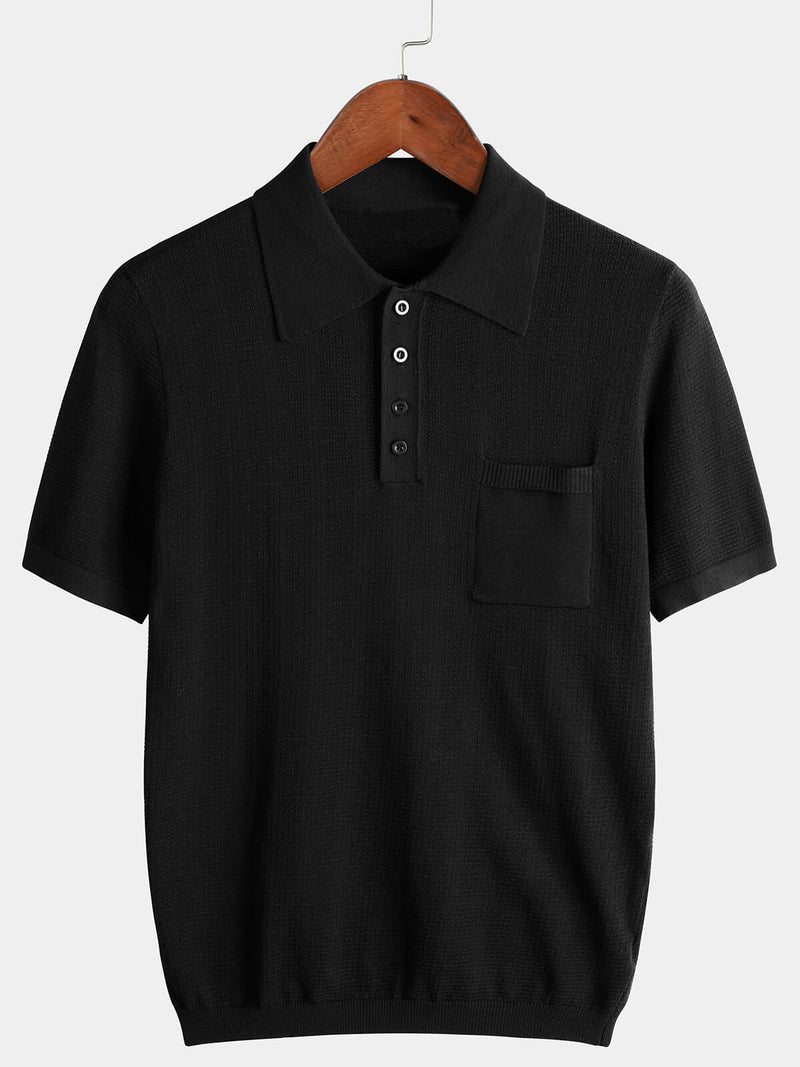 Men's Knit Casual Pocket Classic Ribbed Short Sleeve Golf Polo Shirt