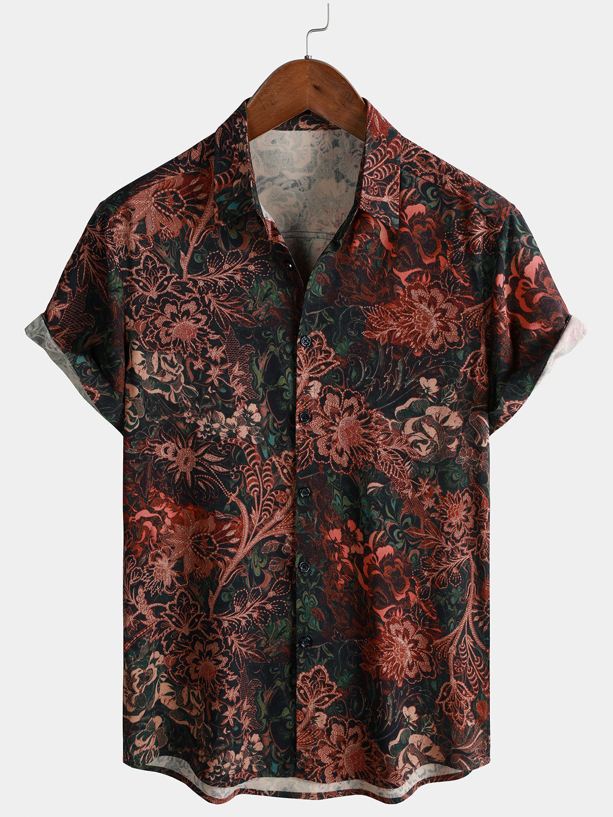 Men's Red Retro Floral 100% Rayon Short Sleeve Resort Shirt