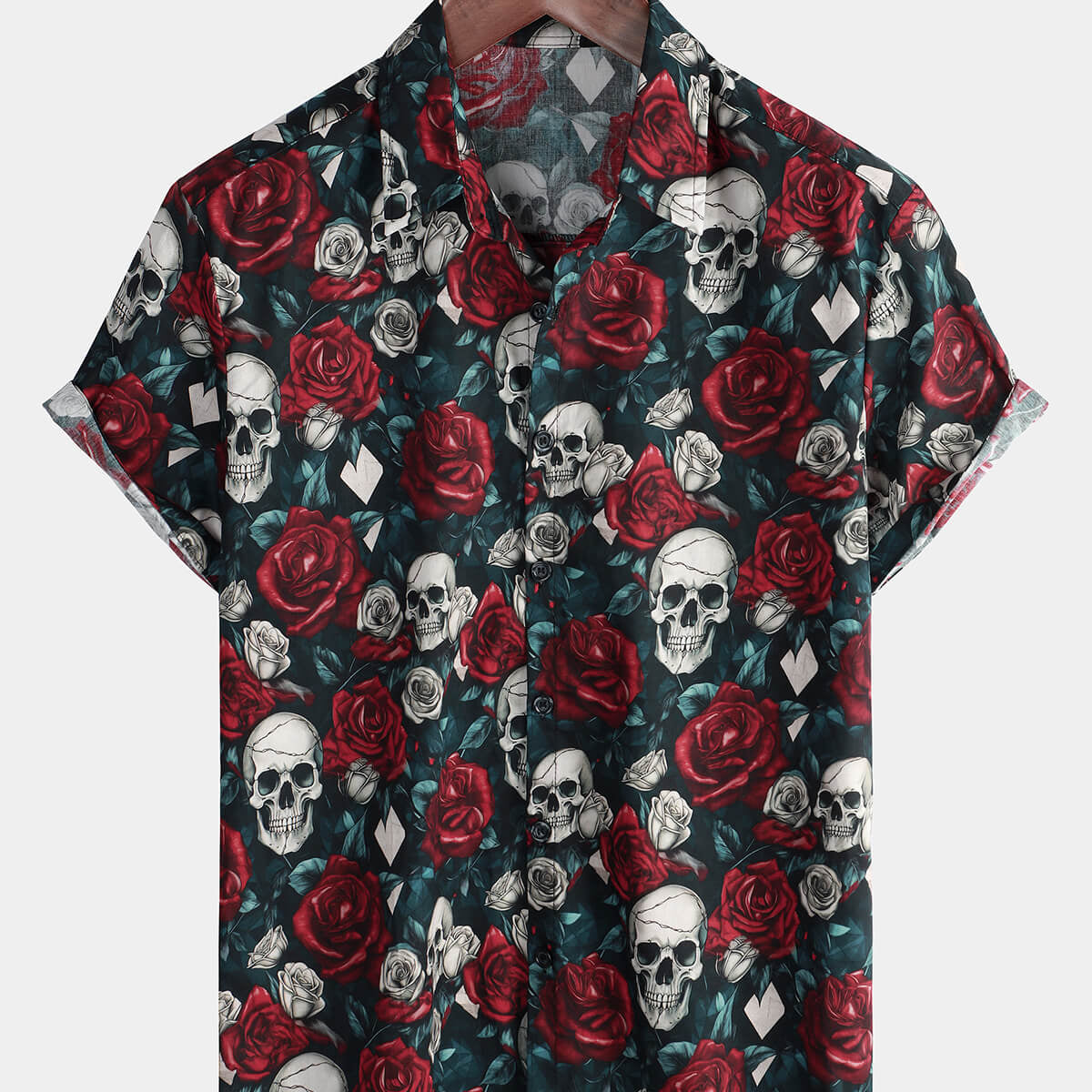 Men's Skull Rose Floral Punk Rocker Cool Short Sleeve Hawaiian Shirt