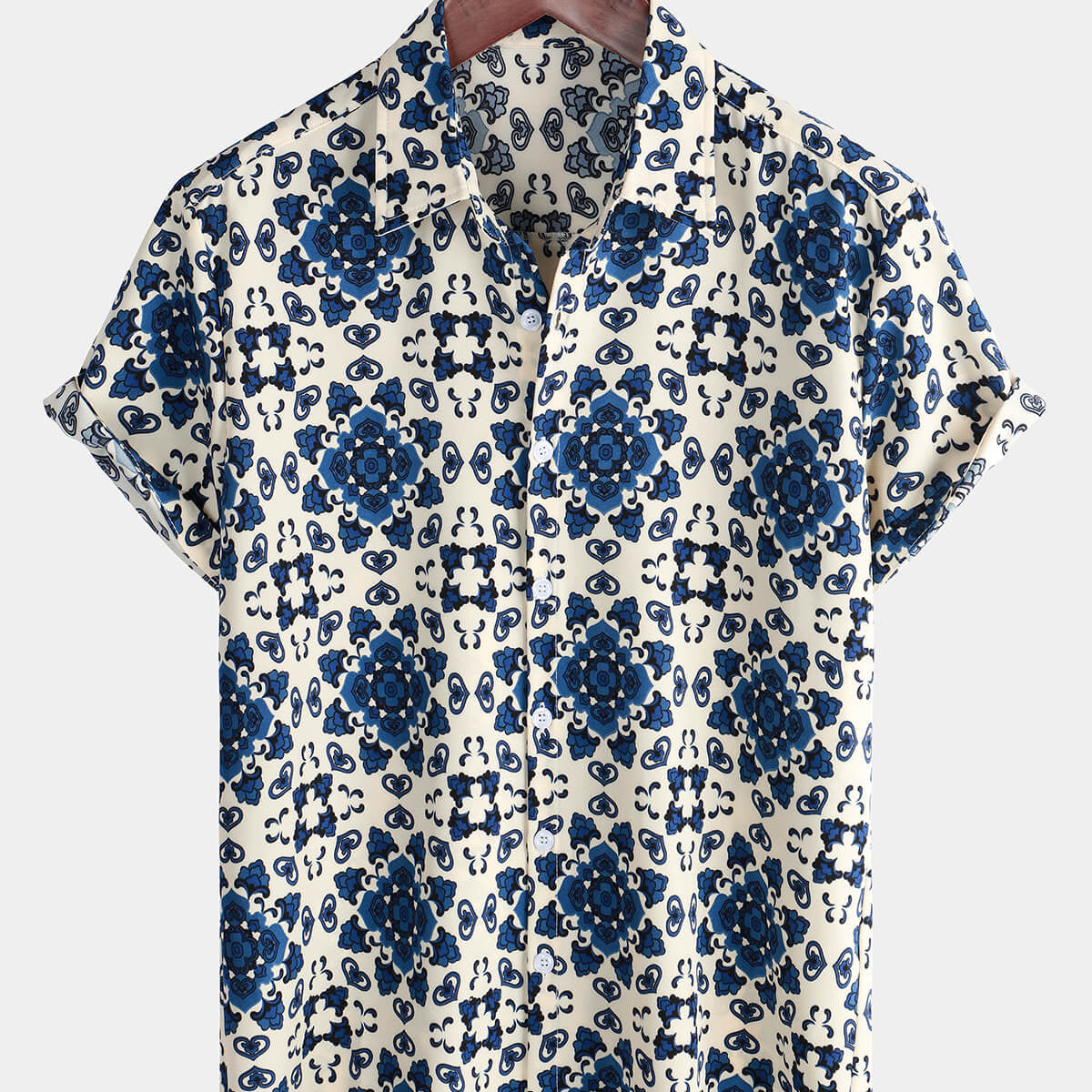 Men's Blue Floral Holiday Casual Short Sleeve Button Up Shirt