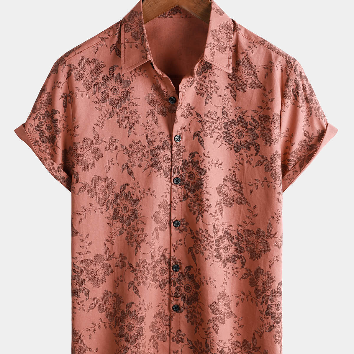 Camisa bohemia roja de manga corta con botones de playa transpirable de lino y algodón con estampado floral vintage para vacaciones para hombres