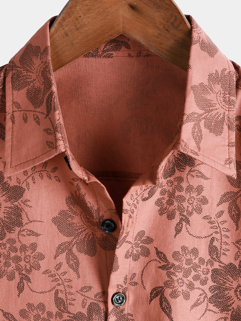 Men's Vacation Vintage Floral Print Cotton Linen Breathable Beach Short Sleeve Button Up Red Boho Shirt