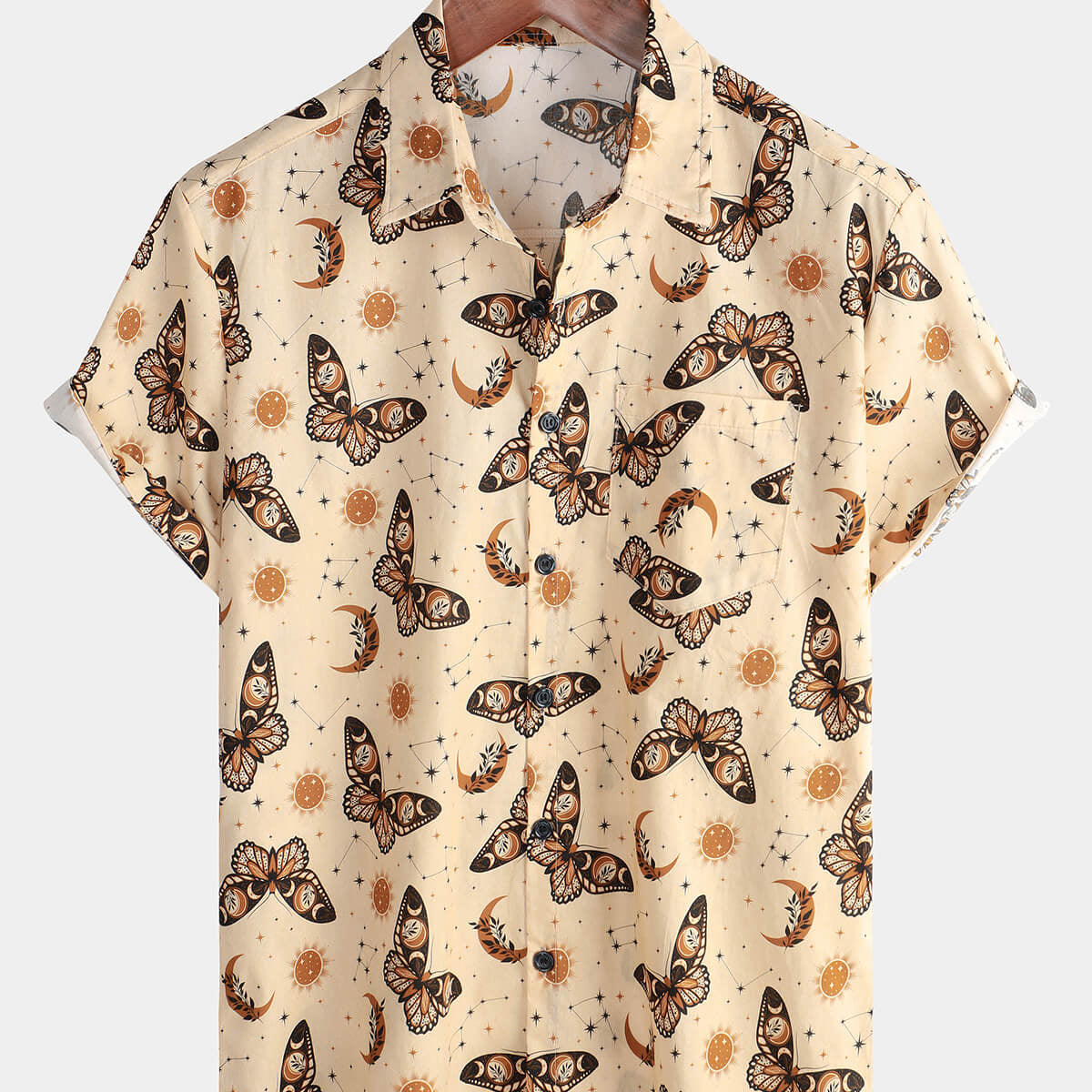 Men's Casual Butterfly Print Summer Short Sleeve Button Up Shirt