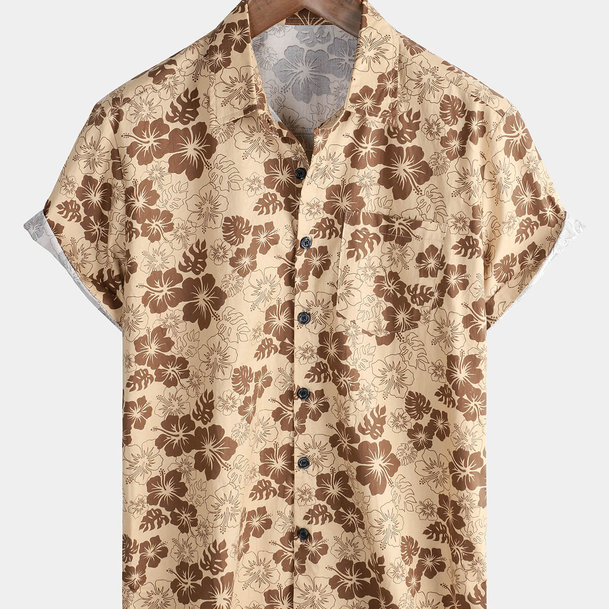 Men's Khaki Hawaiian Floral Pocket Holiday Casual Short Sleeve Button Up Shirt