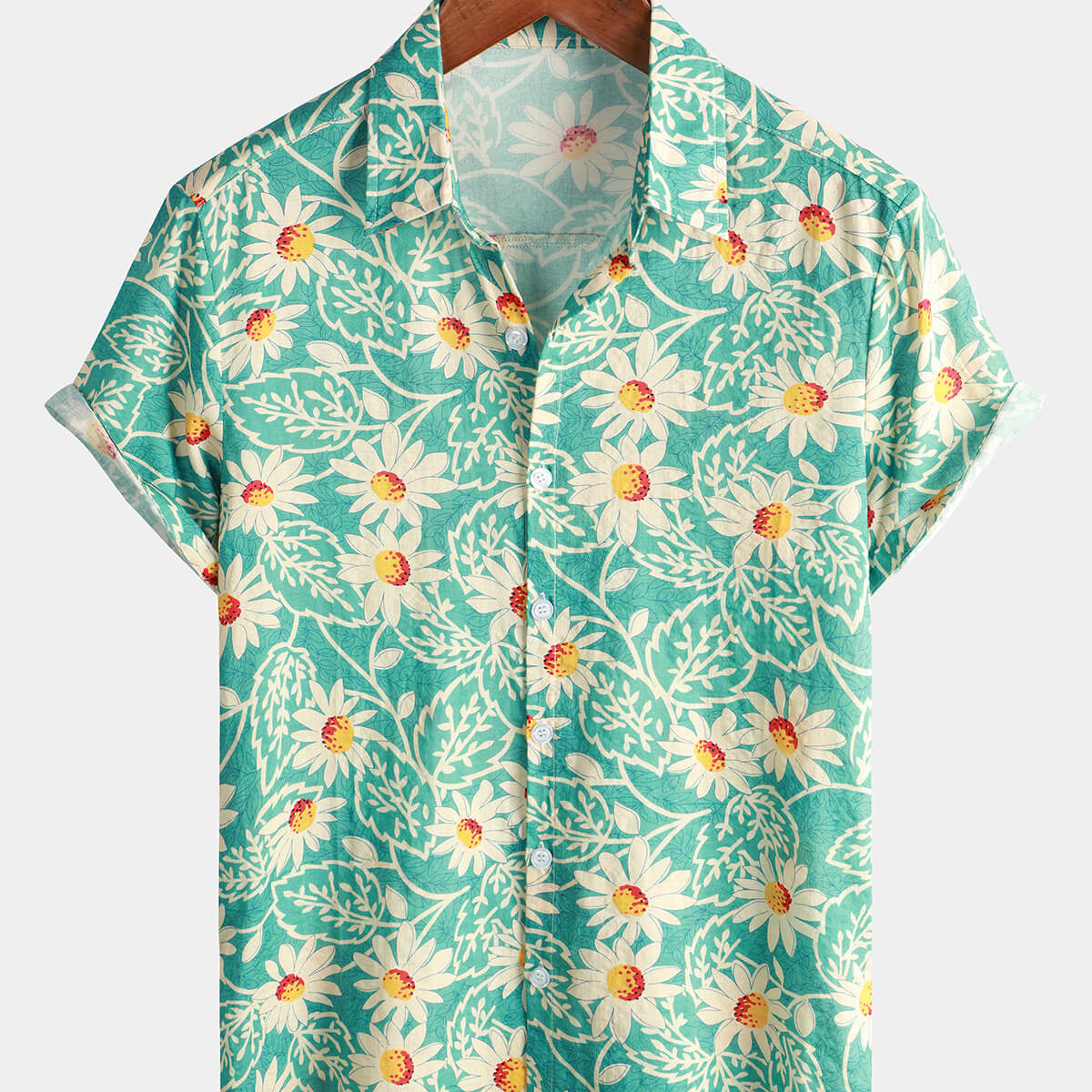 Camisa floral de manga corta con botones para vacaciones de algodón hawaiano con margaritas de playa retro verde para hombre
