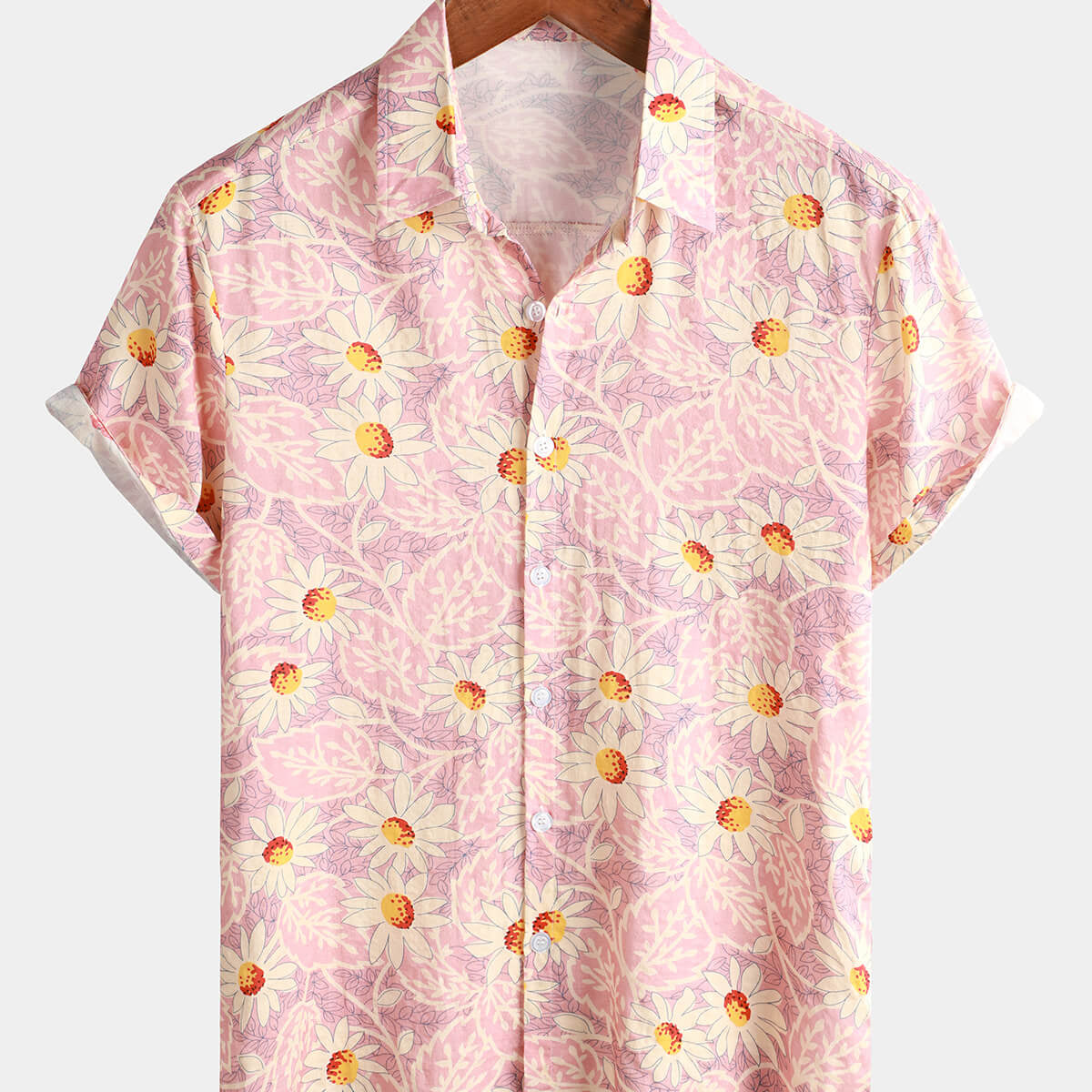 Camisa de manga corta con botones para hombre, color rosa, floral, linda, margarita, retro, playa, hawaiano, algodón, vacaciones