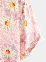 Men's Pink Floral Cute Daisy Flower Retro Beach Hawaiian Cotton Holiday Button Up Short Sleeve Shirt