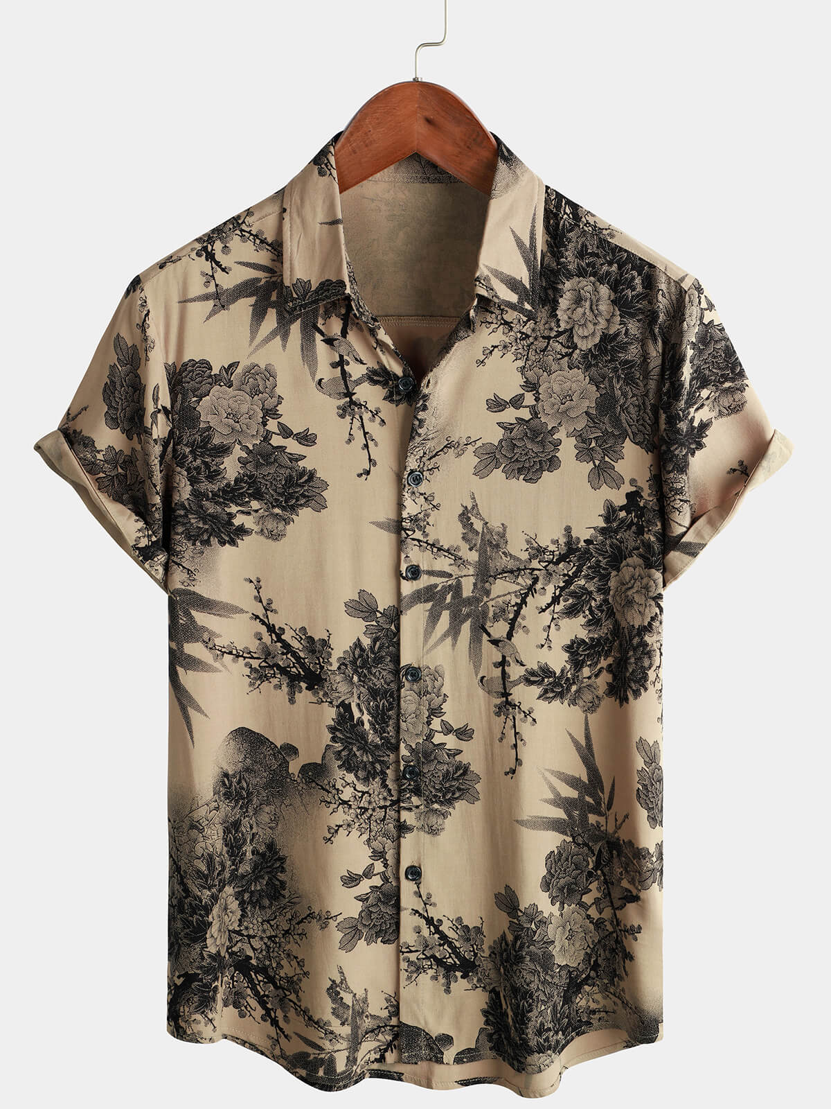Men&#39;s Bamboo Floral VIntage Summer Hawaiian Rayon Holiday Button Up Short Sleeve Shirt